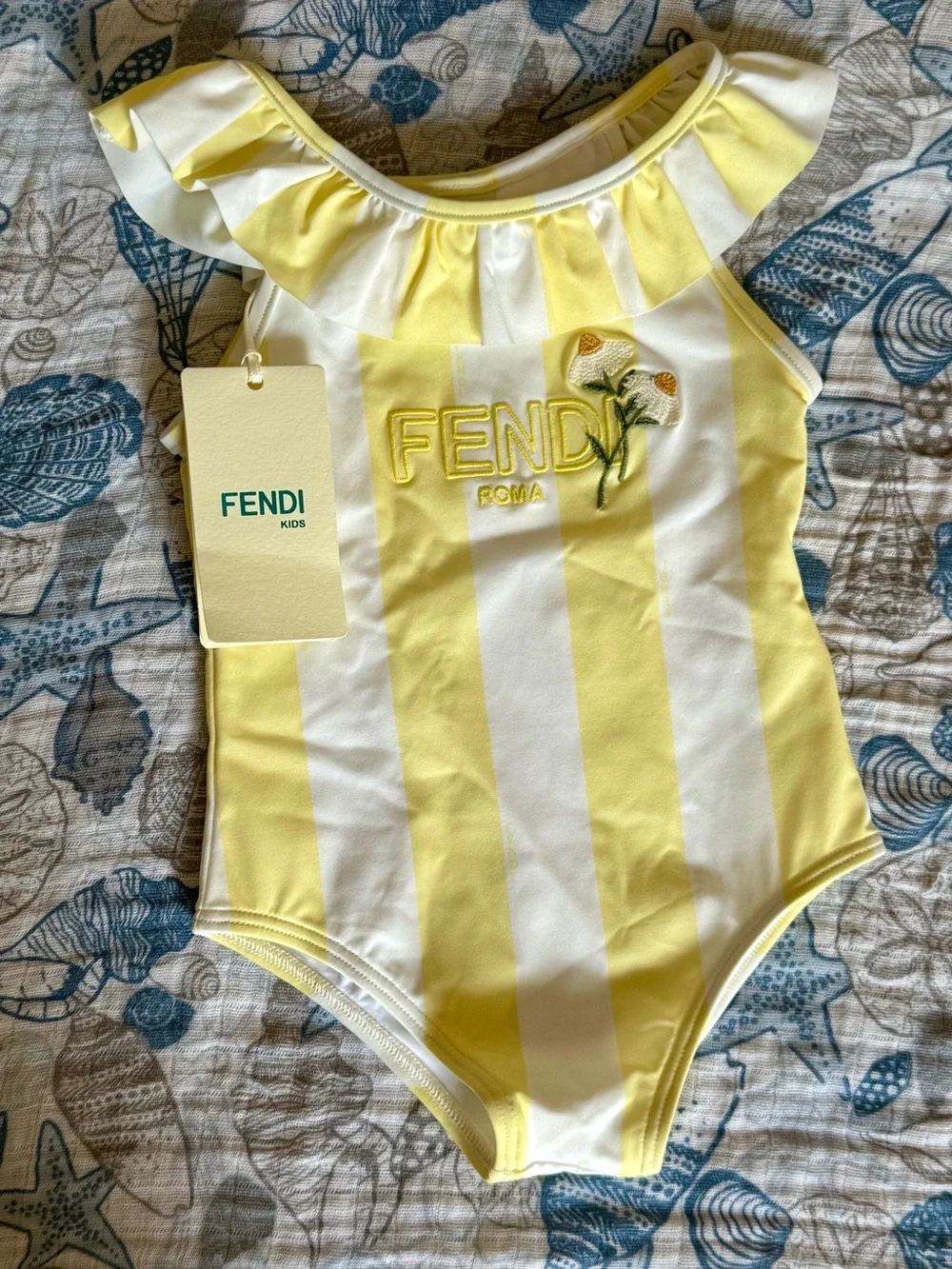 Fendi Kids Yellow & White Striped Ruffle Swimsuit Bodysuit